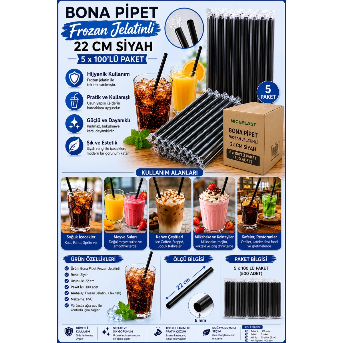 Bona Pipet Frozan Jelatinli 22 cm Siyah 5x100lü Paket (Niceplast)