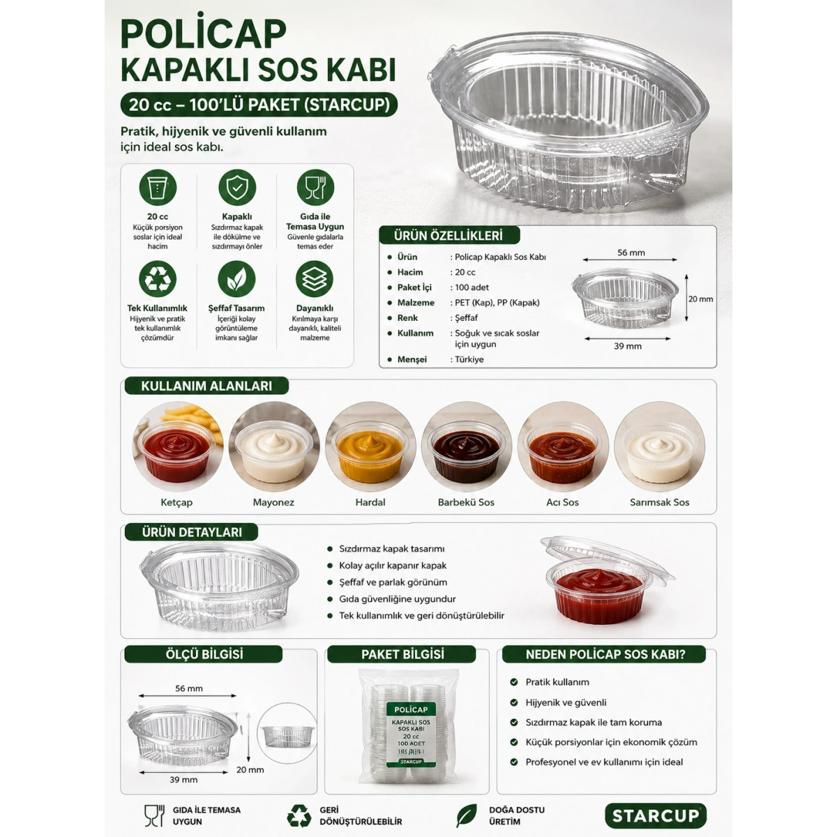 Policap Kapaklı Sos Kabı 20 cc 100lü (Starcup)