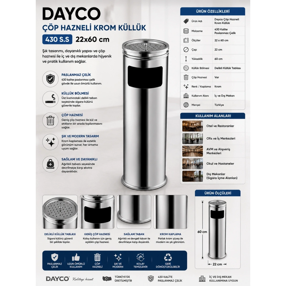Dayco Çöp Hazneli Krom Küllük  430 S.S 22x60 cm
