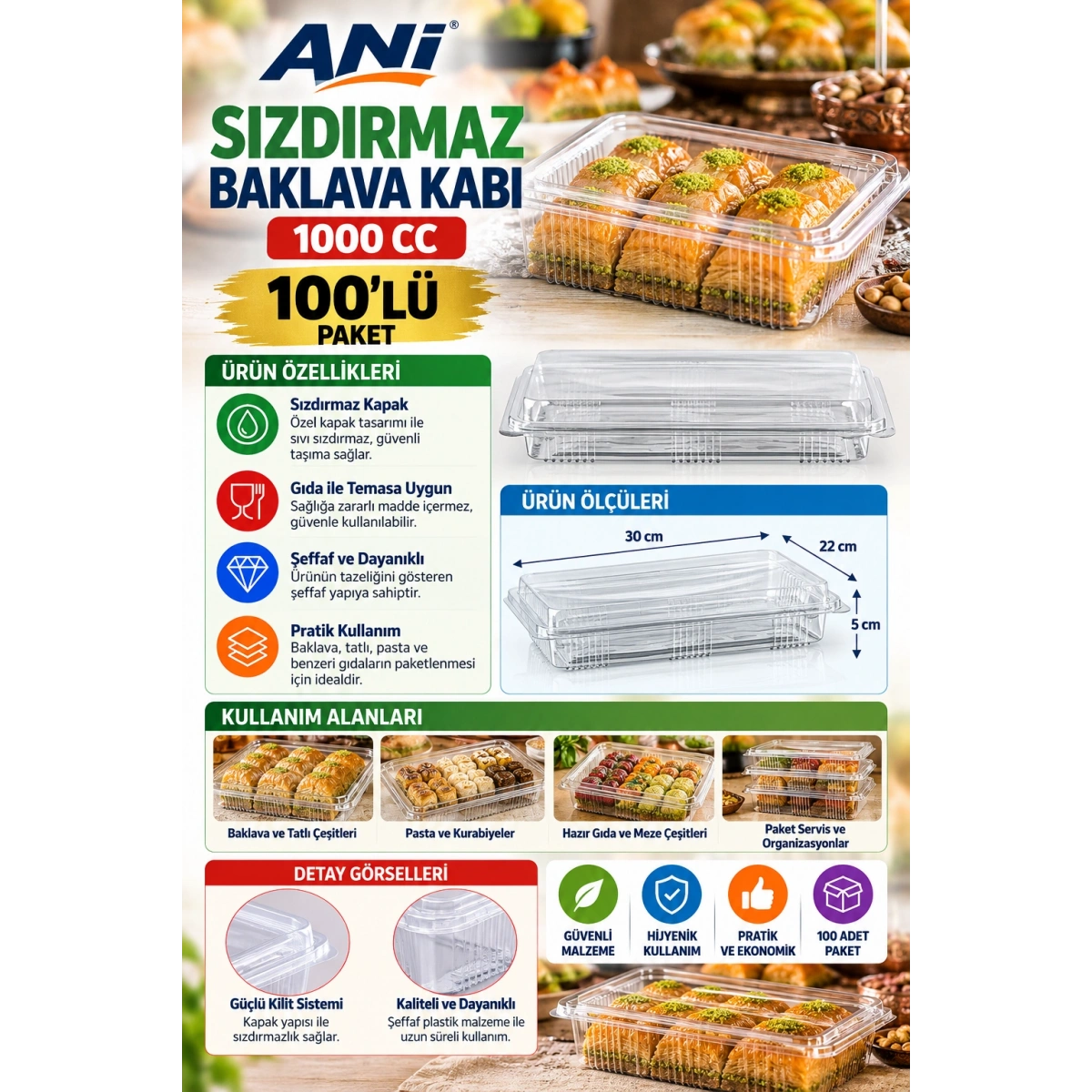 Anı Sızdırmaz Baklava Kabı 1000 cc 100lü 30 x 22 x 5 cm