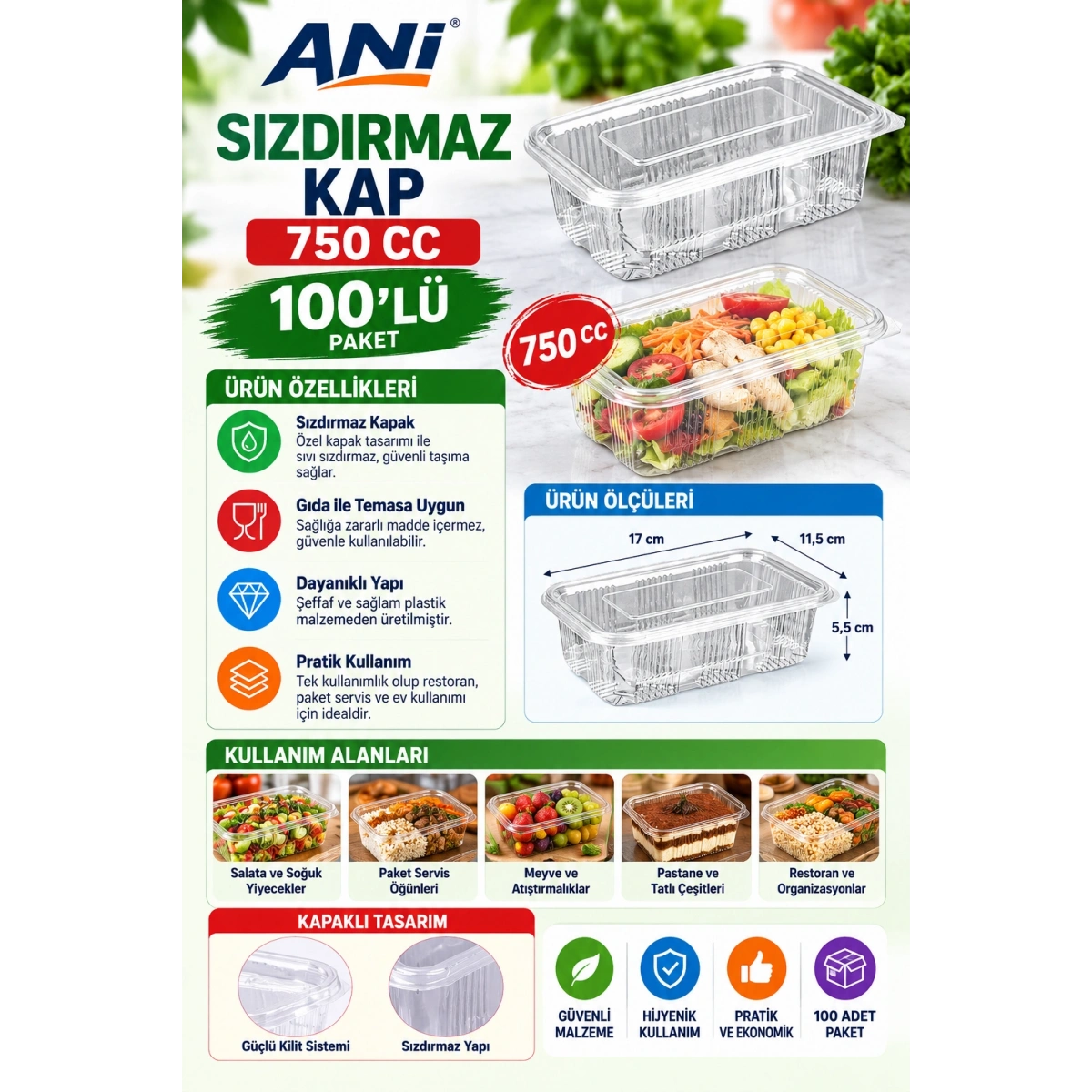 Anı Sızdırmaz Kap 750 cc 100lü Ölçü: 193,5 × 255 × 51,5 mm