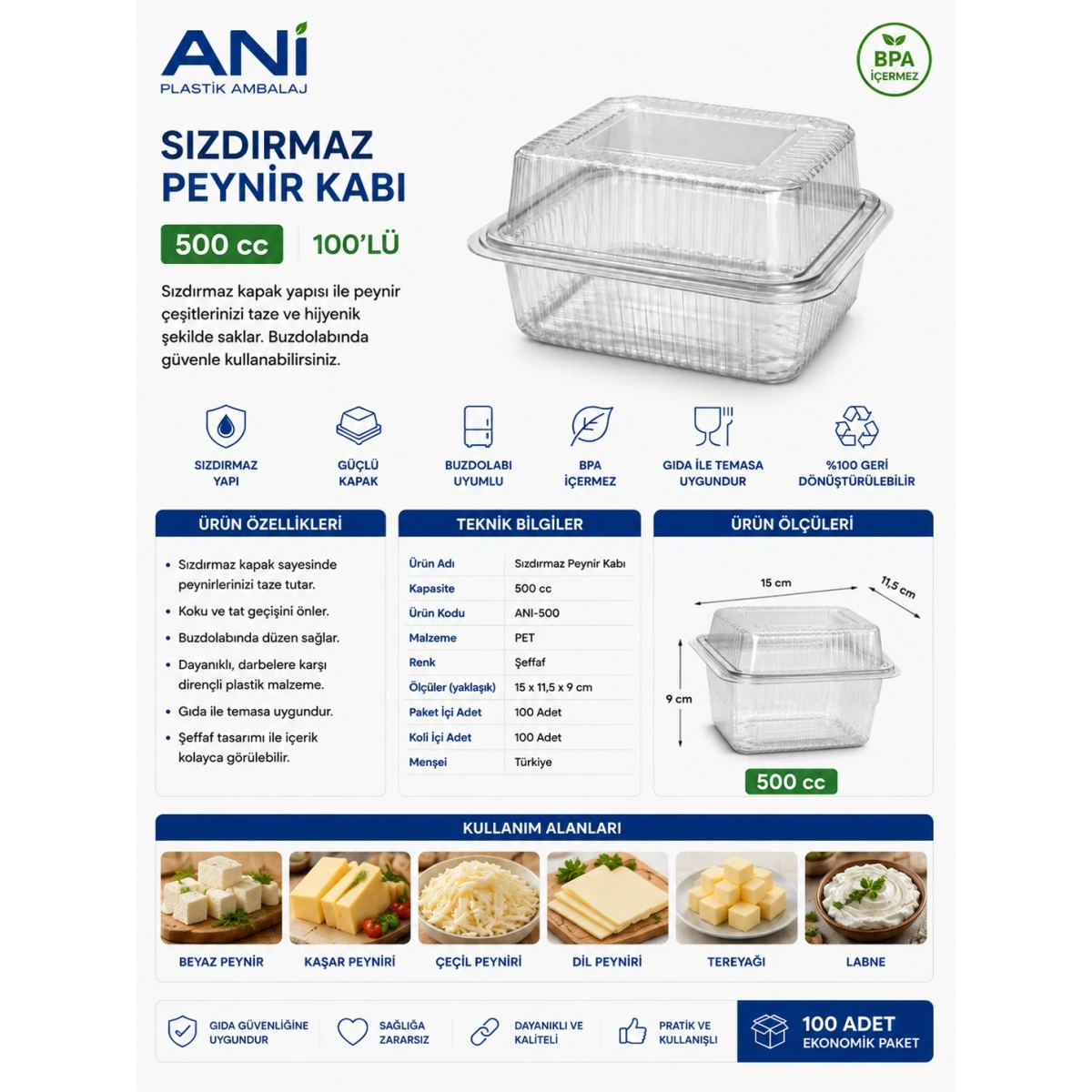 Anı Sızdırmaz Peynir Kabı 500 cc 100lü (Ölçüleri: 15x11,5x9 cm)