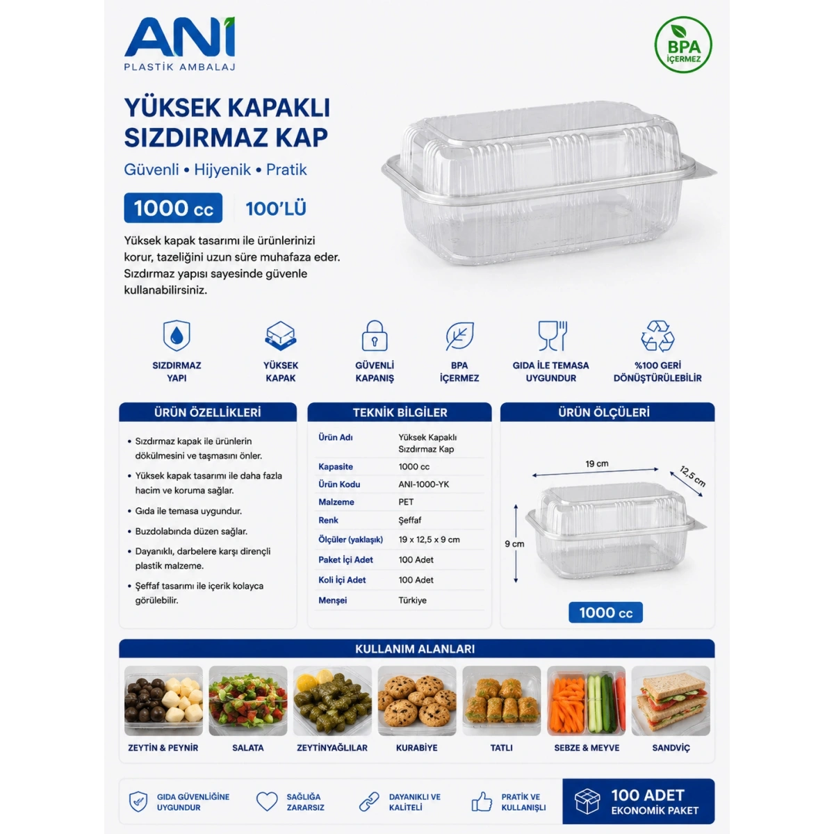 Anı Yüksek Kapaklı Sızdırmaz Kap 1000 cc 100lü (Ölçüleri: 19x12,5x9 cm)