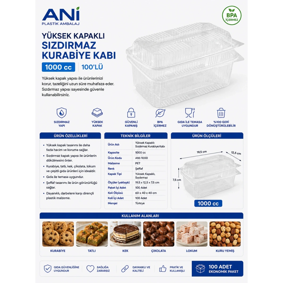 Anı Yüksek Kapaklı Sızdırmaz Kurabiye Kabı 1000 cc 100lü