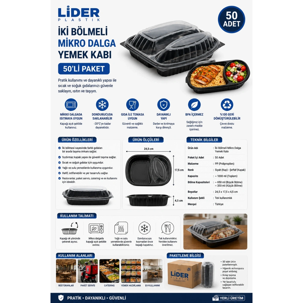 Ankara Lider İki Bölmeli Mikro Dalga Yemek Kabı 50li