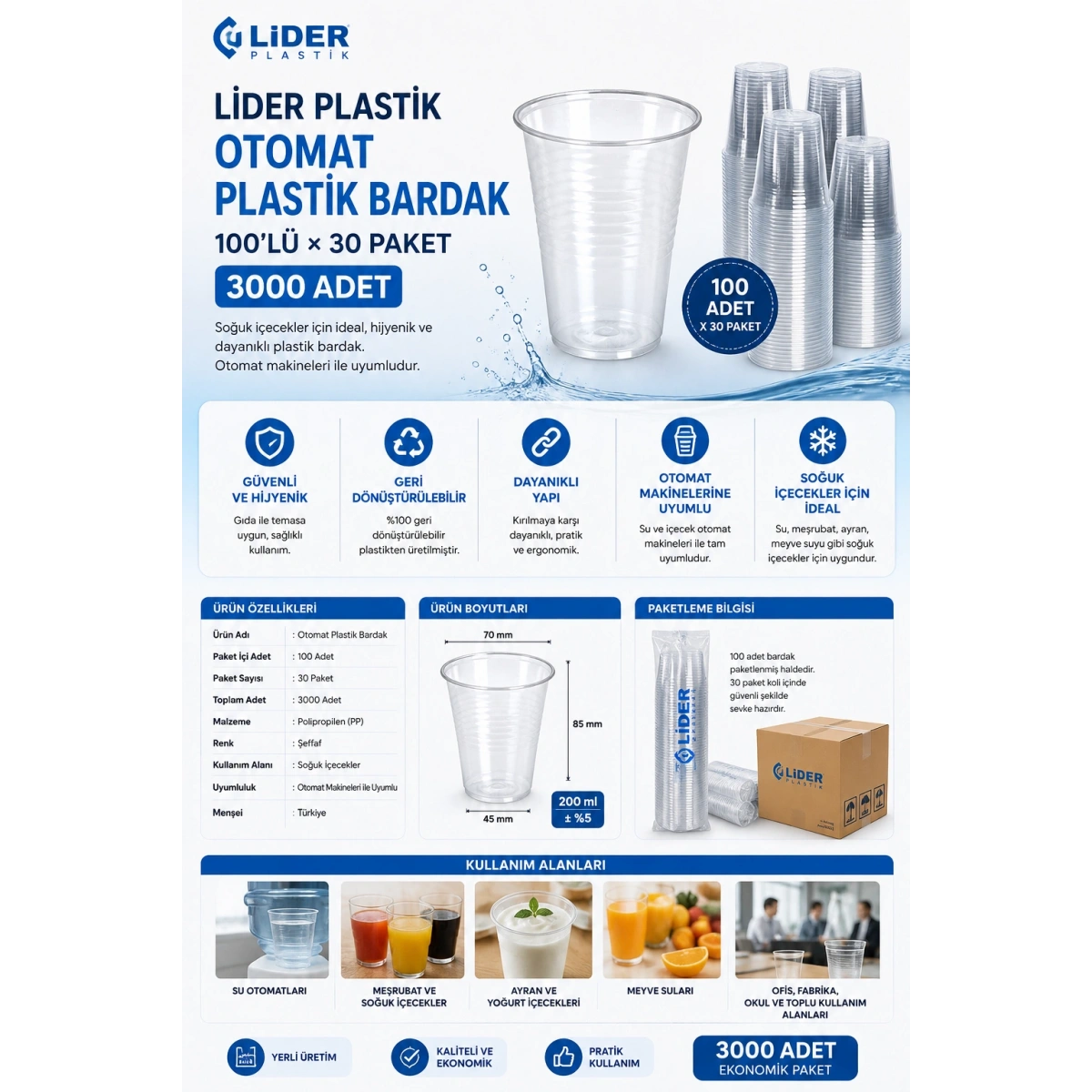Ankara Lider Plastik Bardak-Otomat 100 lü 30 Paket (3000 Adet)