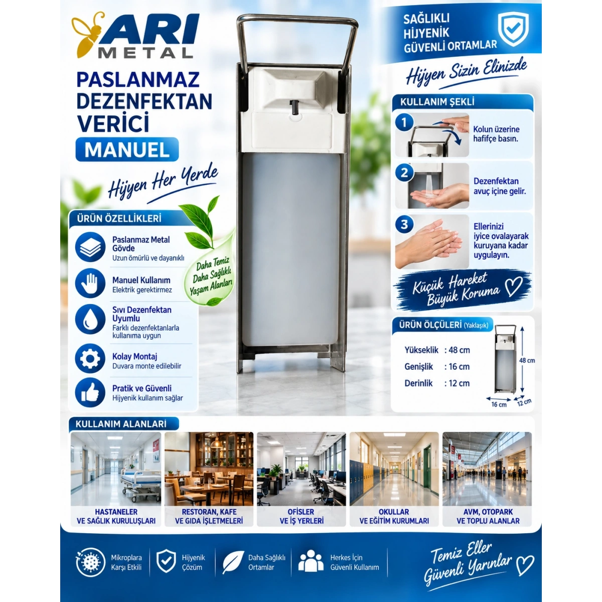 Arı Metal Paslanmaz Dezenfektan Verici Manuel