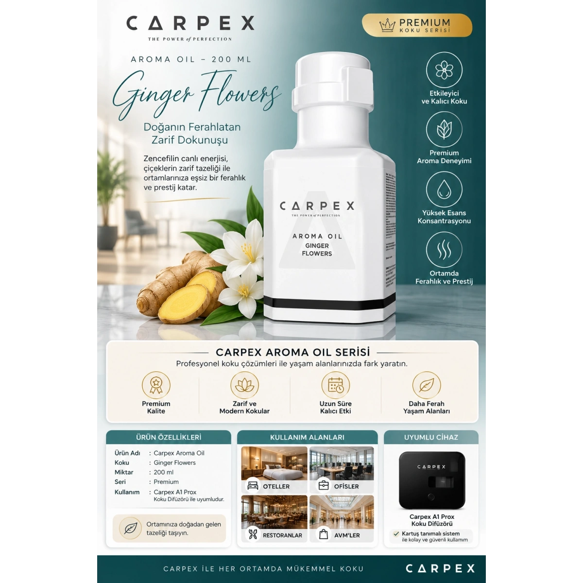 Carpex Aroma Oil 200 ml Premium Koku Kartuş Ginger Flowers K.T.