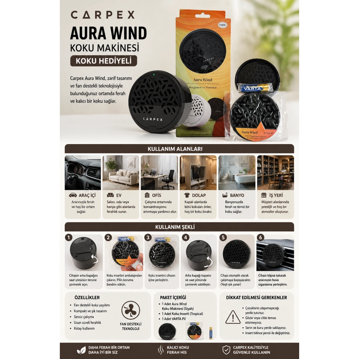 Carpex Aura Wind Koku Hediyeli Siyah Koku Makinesi