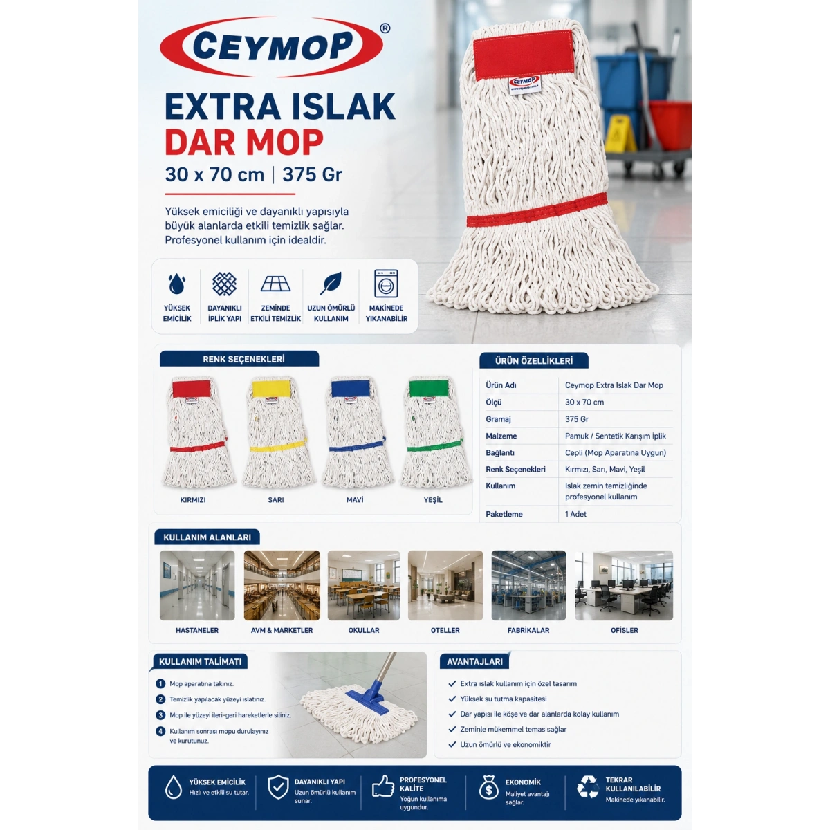 Ceymop Extra Islak Dar Mop 30*70 cm 375 Gr