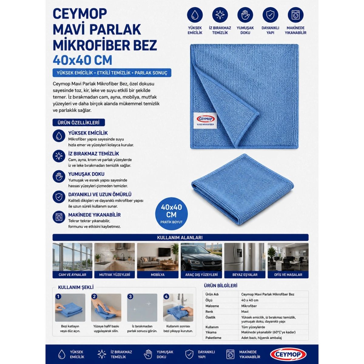 Ceymop Mavi Parlak Mikrofiber Bez 40x40 cm