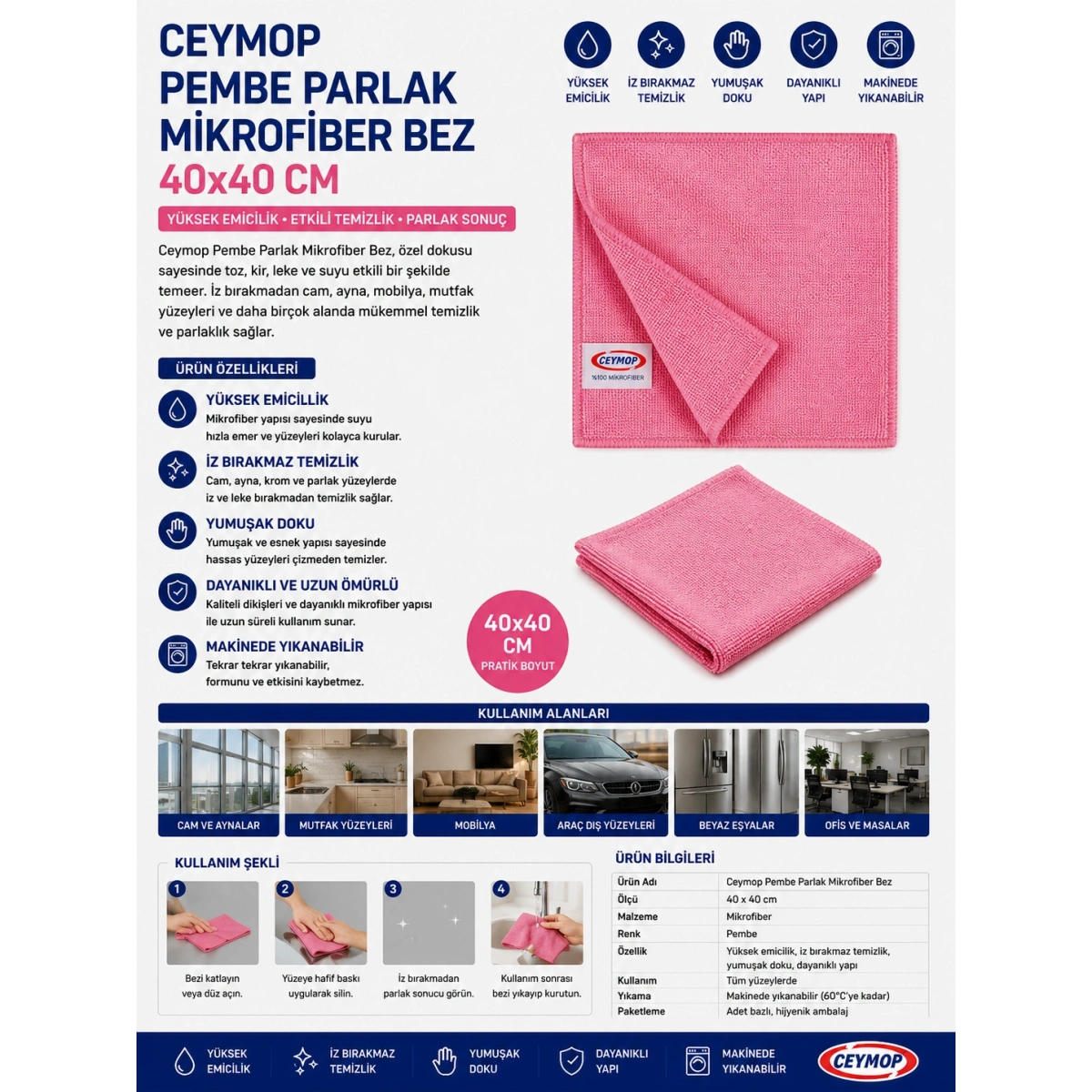 Ceymop Pembe Parlak Mikrofiber Bez 40x40 cm