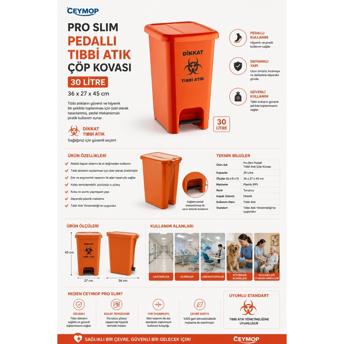 Ceymop Pro Slim Pedallı Tıbbi Atık Çöp Kovası 30 lt  36x27x45 cm