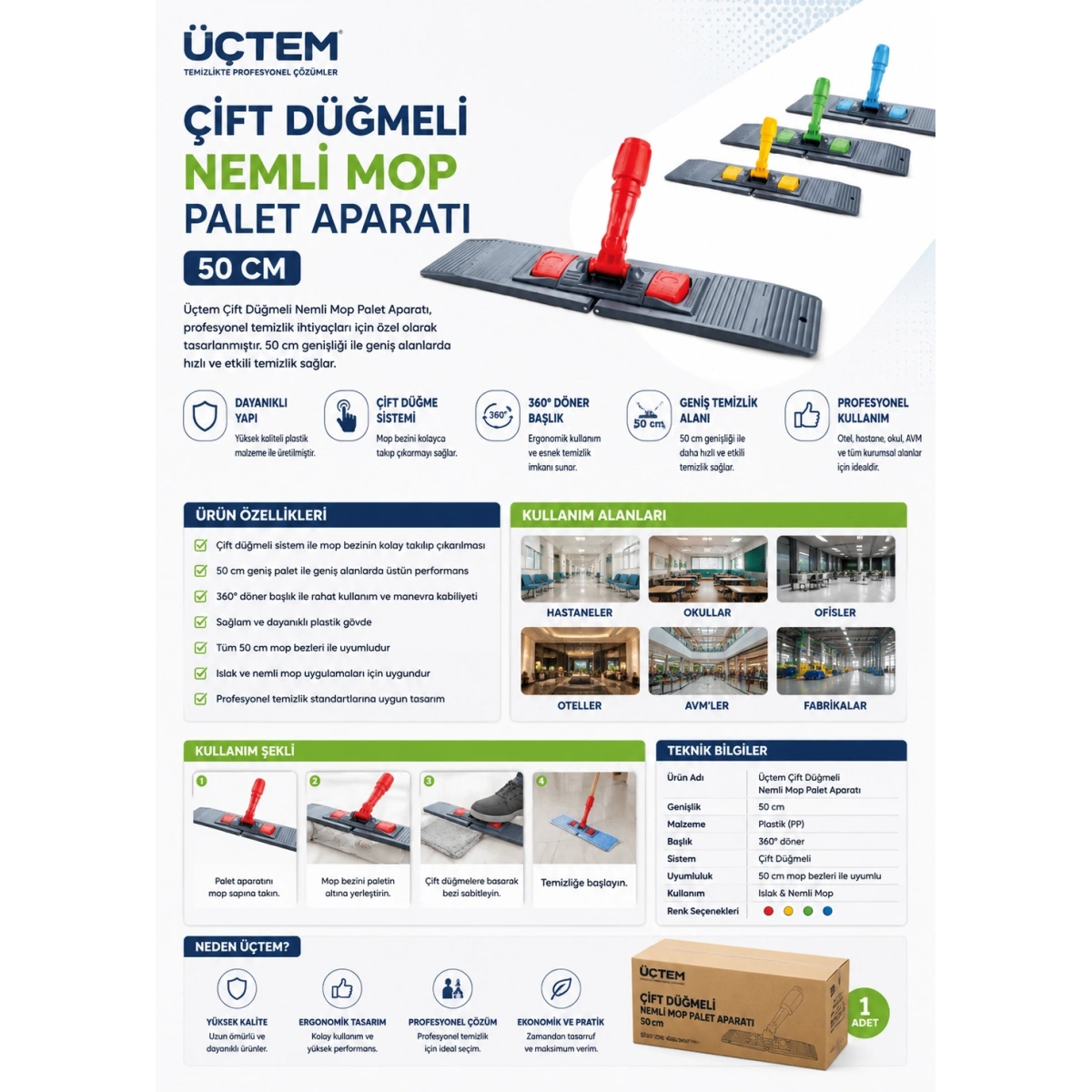 Üçtem Çift Düğmeli Nemli Mop Palet Aparatı 50 cm