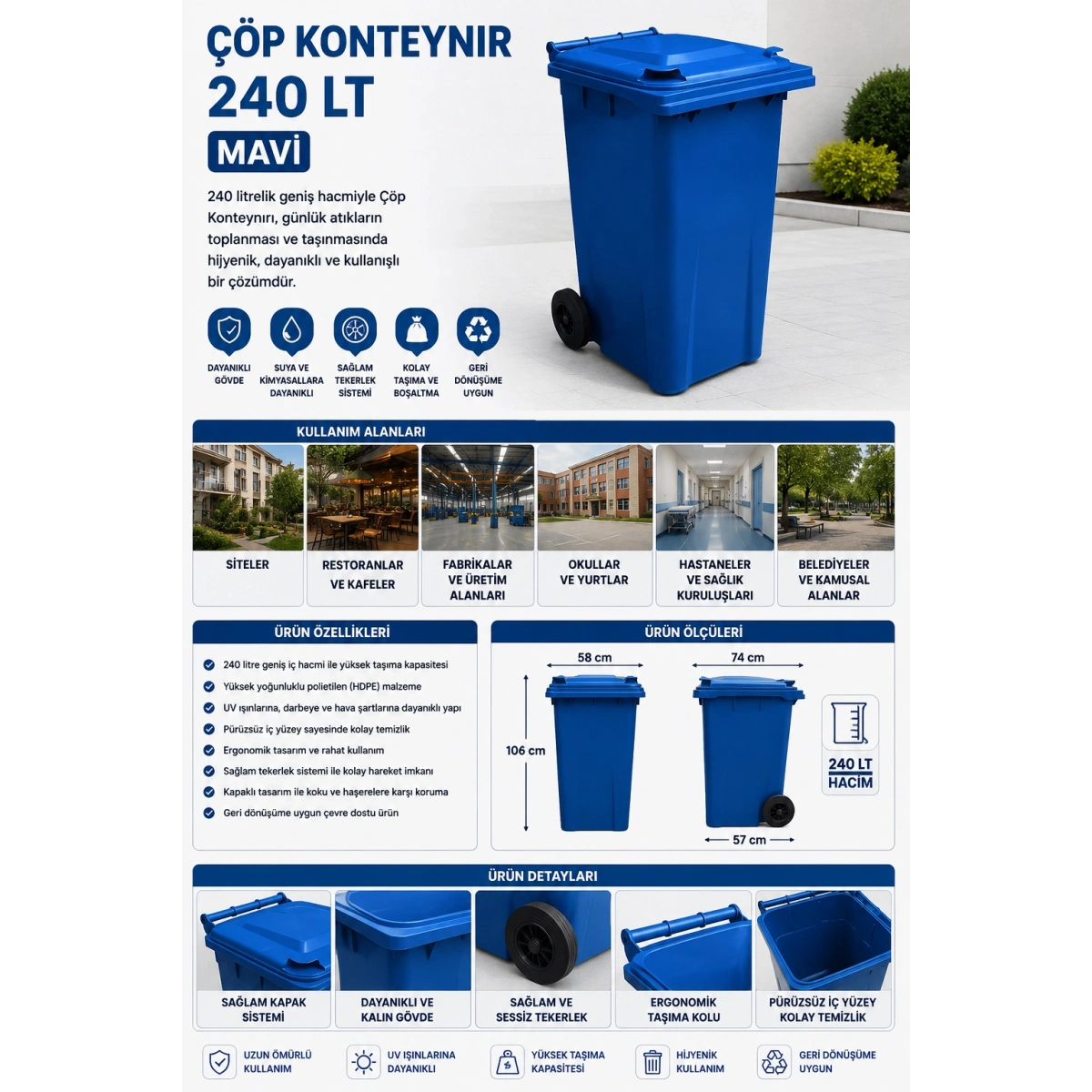 Çöp Konteynır 240 lt Mavi
