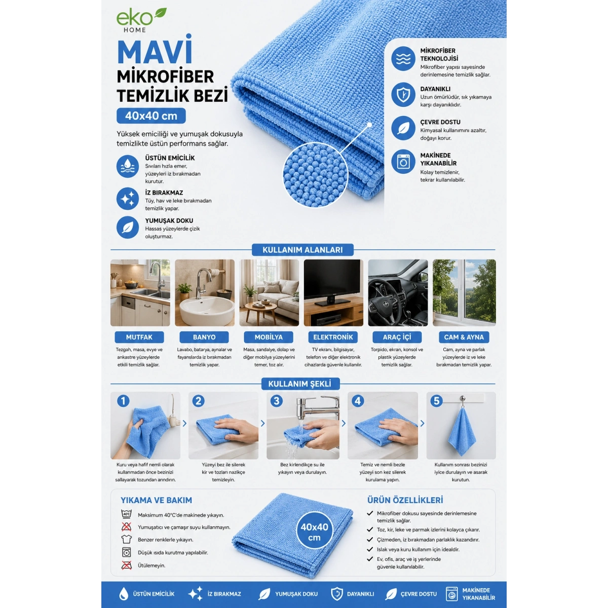 Eko Home Mavi Mikrofiber Temizlik Bezi 40x40 cm
