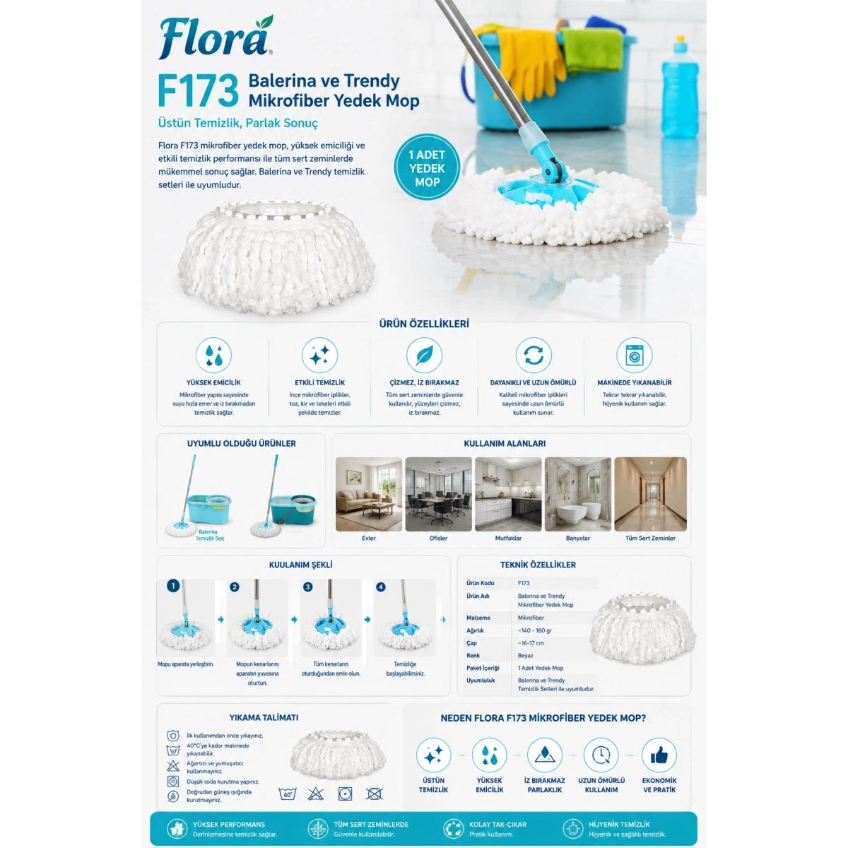 Flora F173 Balerina Ve Trendy Mikrofiber Yedek Mop