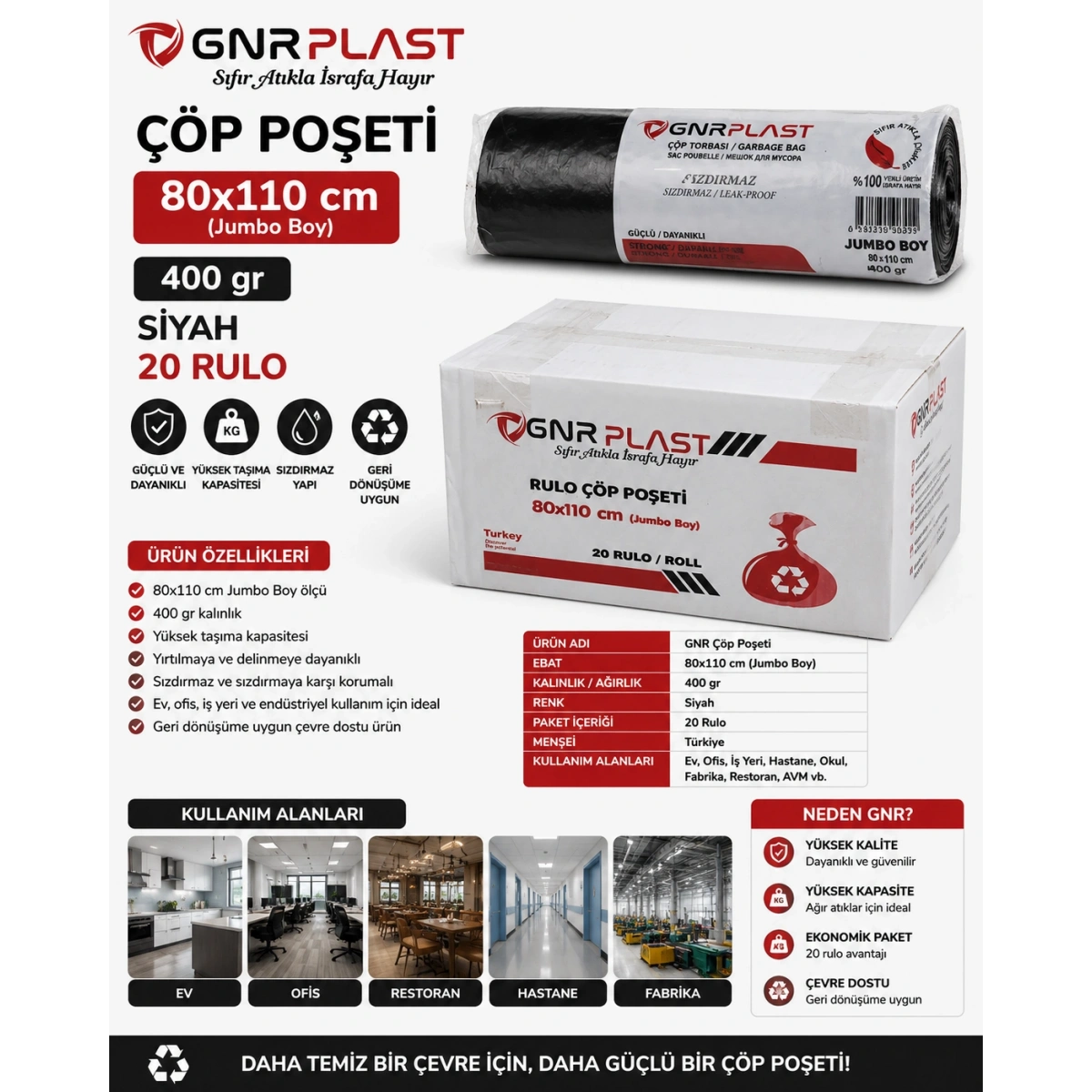 GNR 80x110 400 gr Çöp Poşeti Siyah 20 Rulo