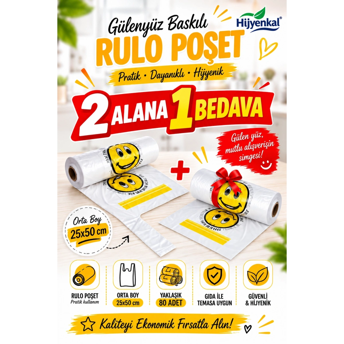 Gülen Yüz Rulo Orta Boy Poşet 2 Rulo Alana1 Rulo Bedava Kampanya
