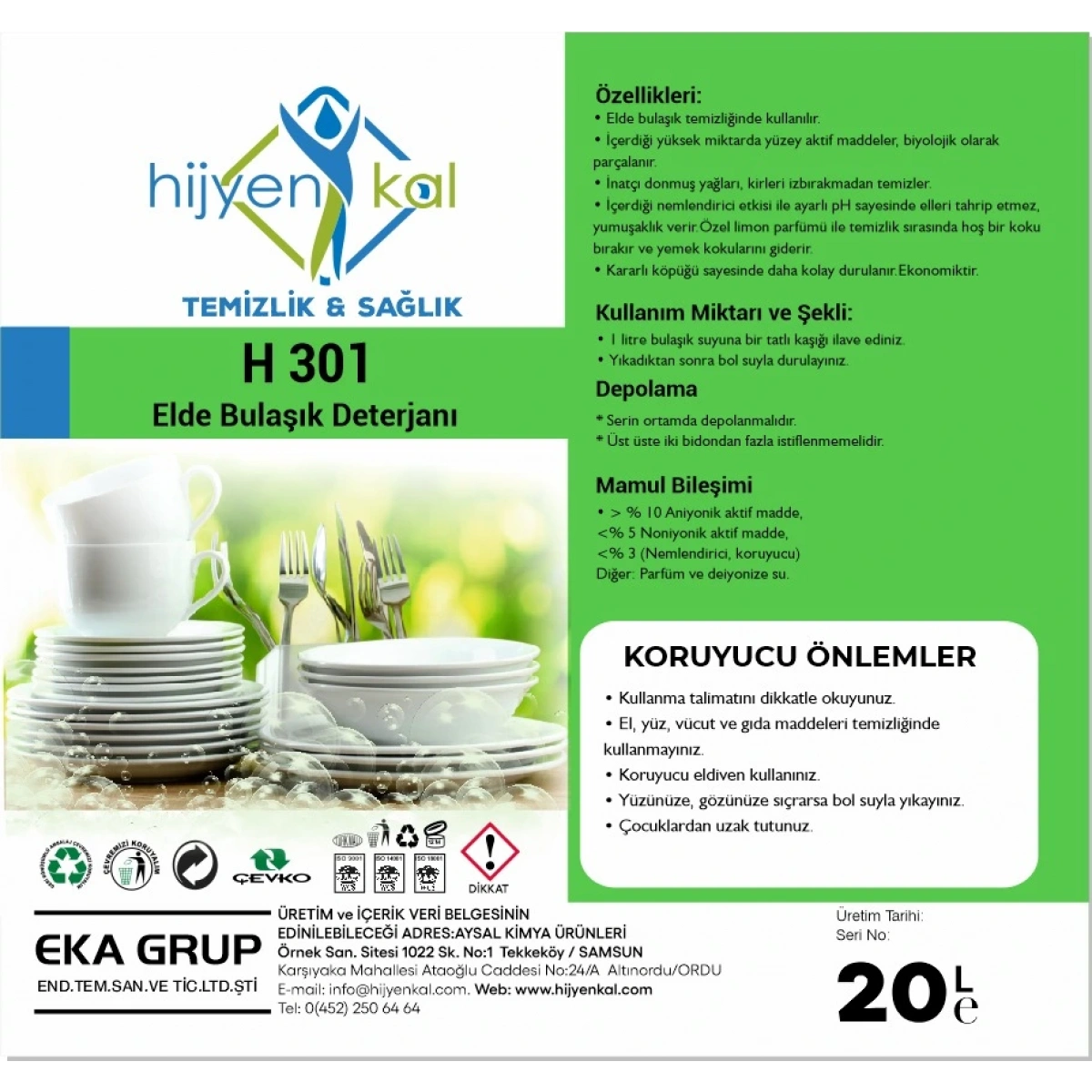 Hijyenkal Elde Yıkama Bulaşık Deterjanı H 301 20 Kg