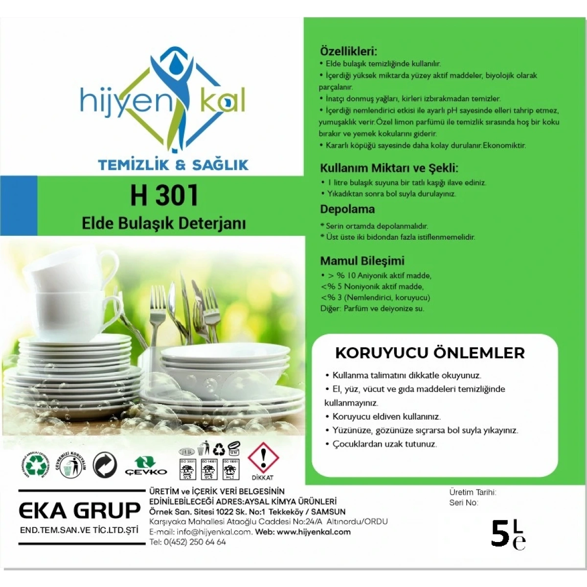 Hijyenkal Elde Yıkama Bulaşık Deterjanı H 301 5 Kg