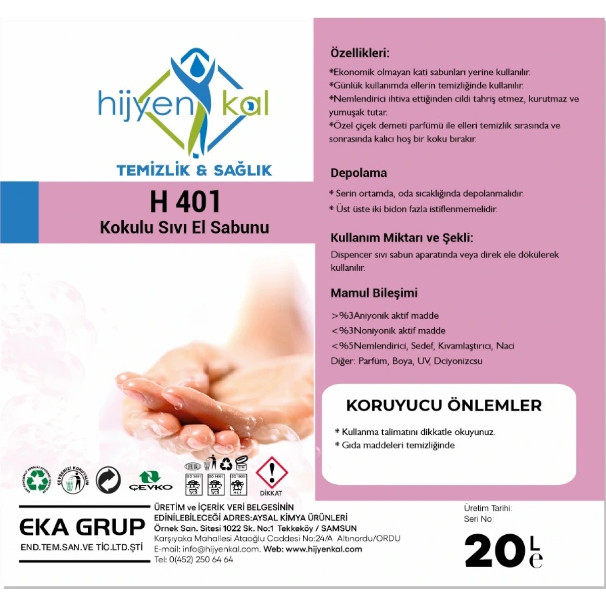 Hijyenkal Sıvı El Sabunu H 401 20 Kg