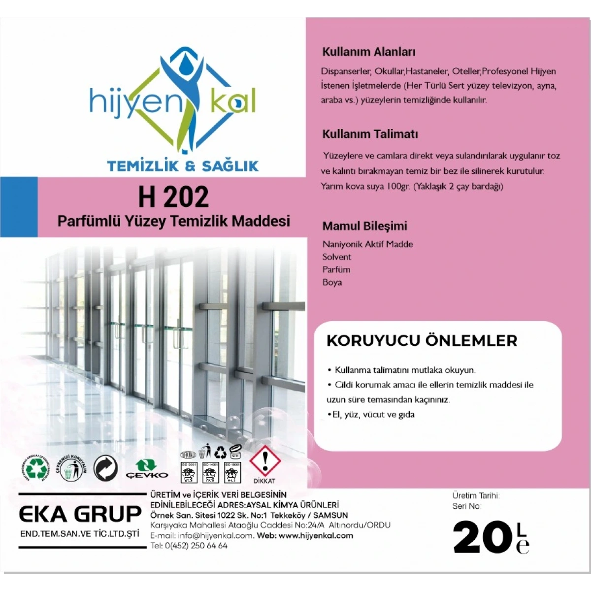 Hijyenkal Yüzey Temizleme Maddesi H 202 20 Kg
