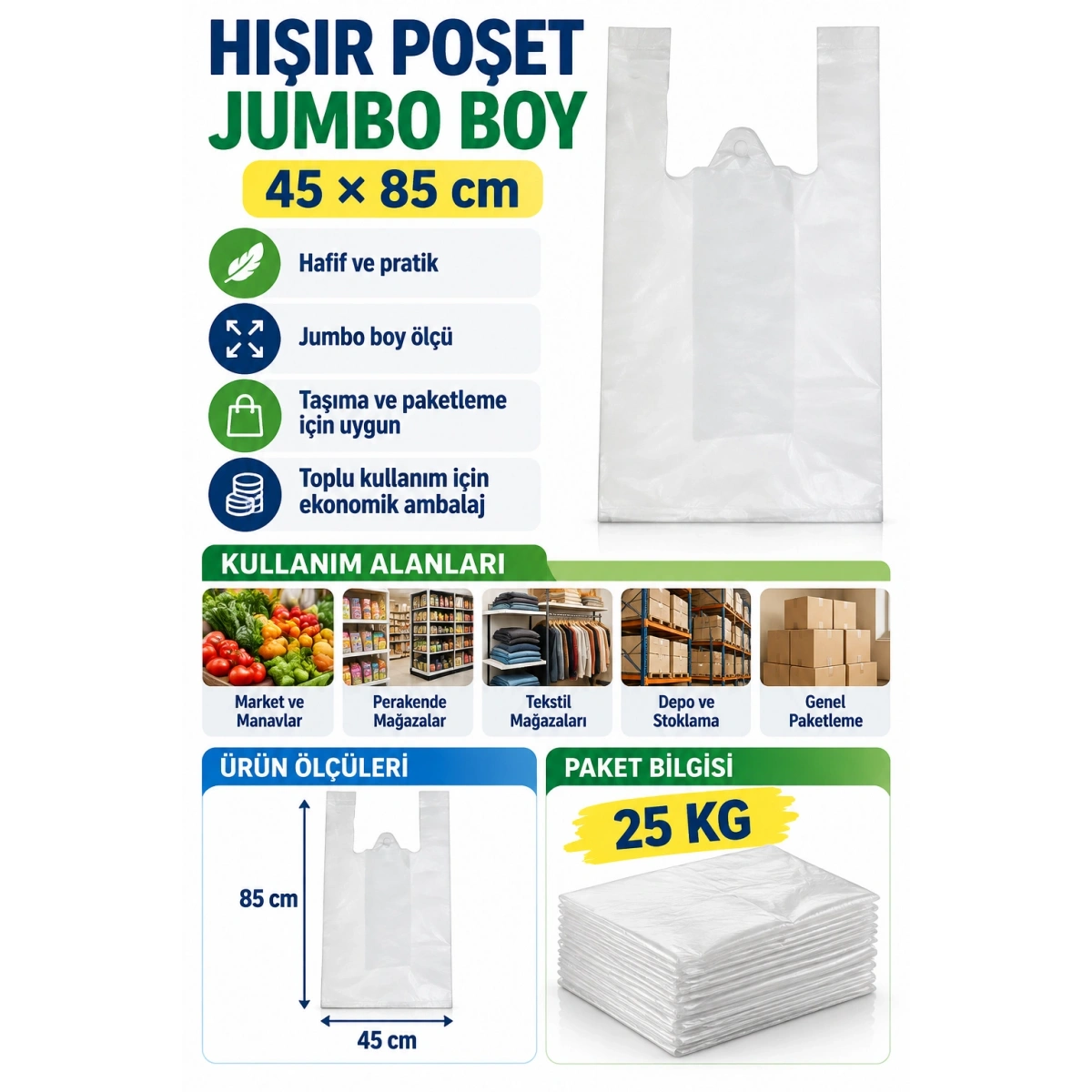 Hışır Poşet Jumbo Boy 45x85 cm 25 kg