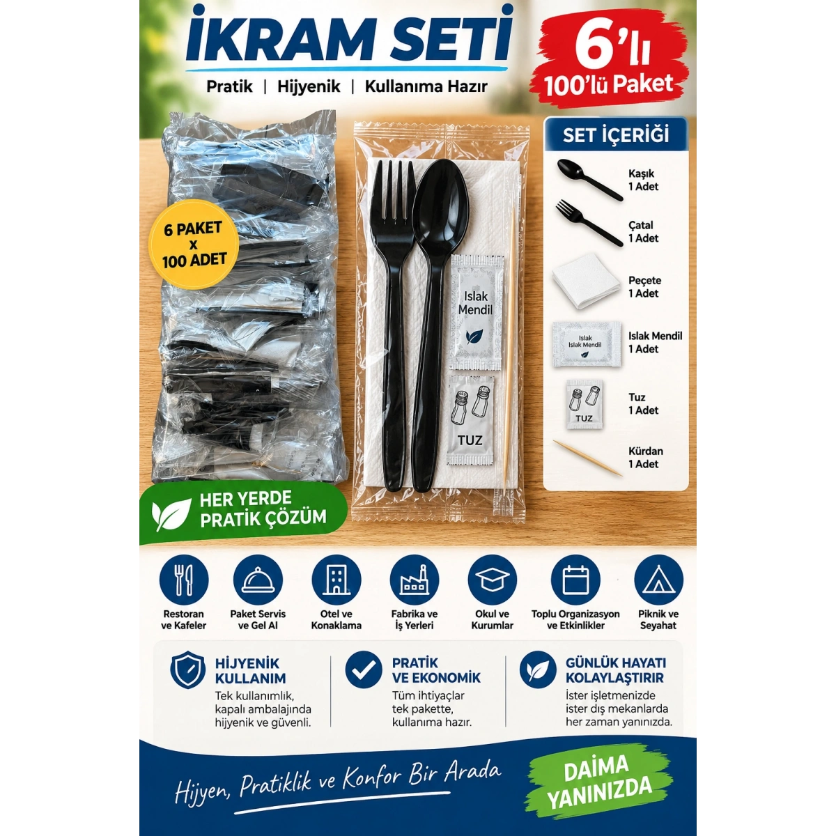 İkram Setiİ 6lı 100lü Paket (Kaşık+Çatal+Peçete+Islak Mendil+Tuz+Kürdan)