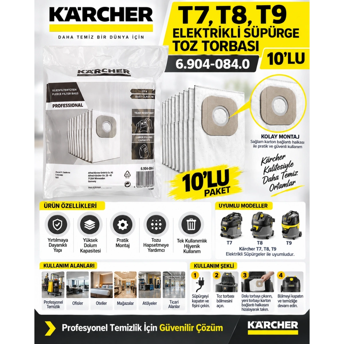 KarcherT7,T8,T9 Elektrikli Süpürge Toz Torbası 10lu (6.904-084.0)