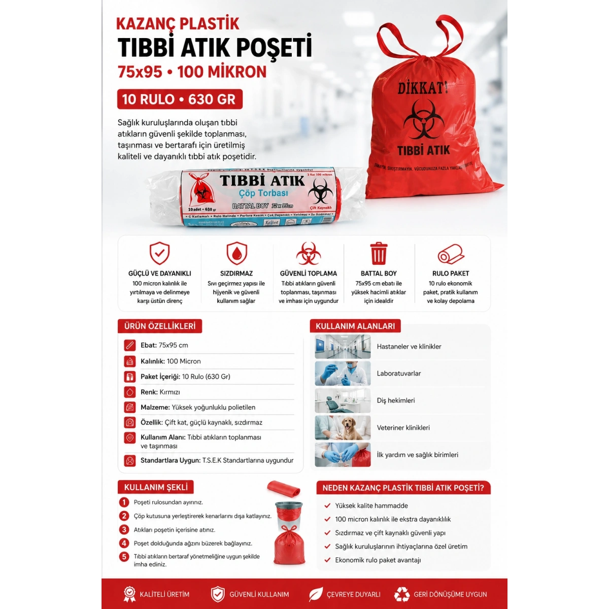 Kazanç Plastik. 75x95 Tıbbi Atık Poşeti Kırmızı 10 Rulo 630 Gr 100 Micron