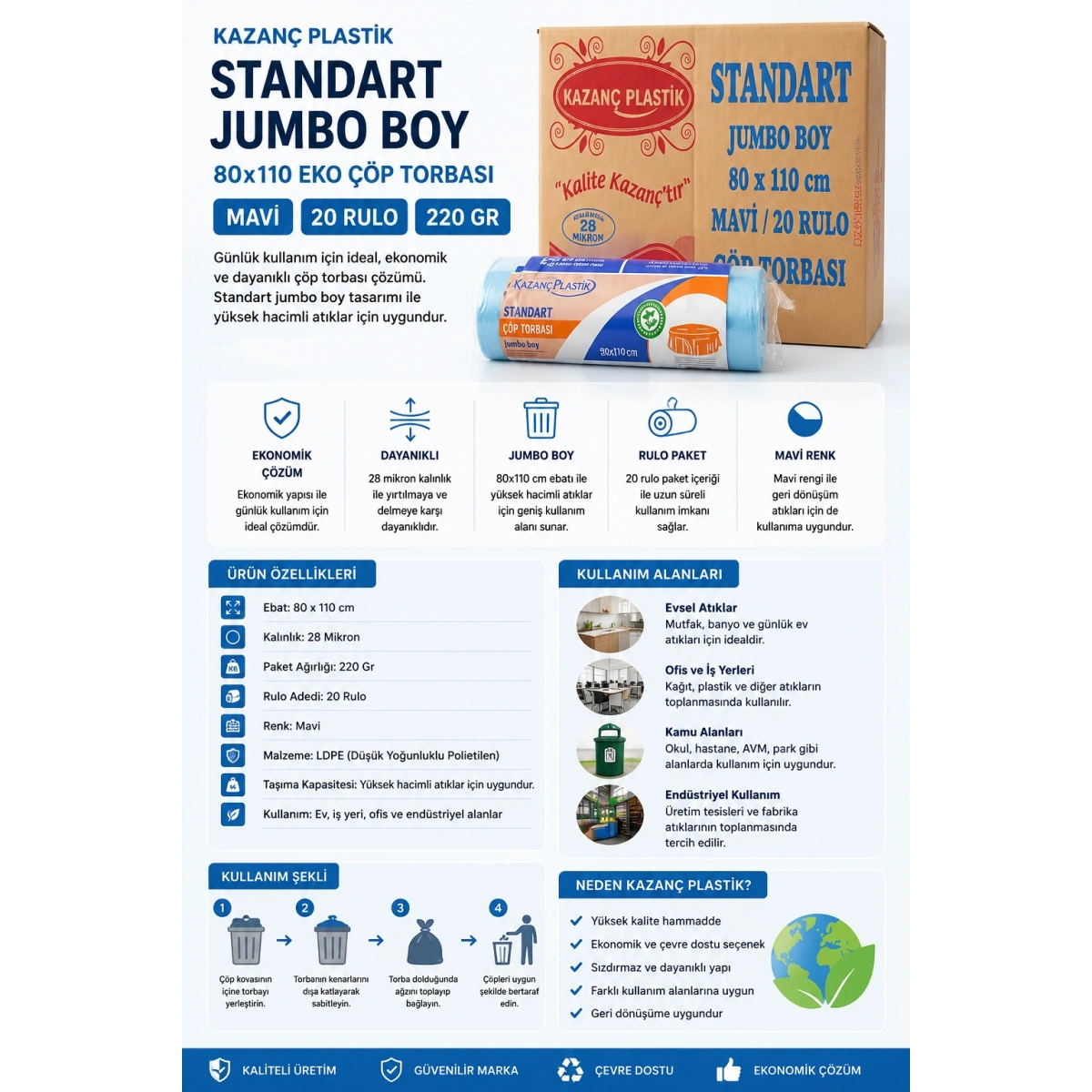 Kazanç Plastik 80x110 Eko Standart .Jumbo Mavi Çöp Torbası 20 Rulo 220 GR 28 Micron