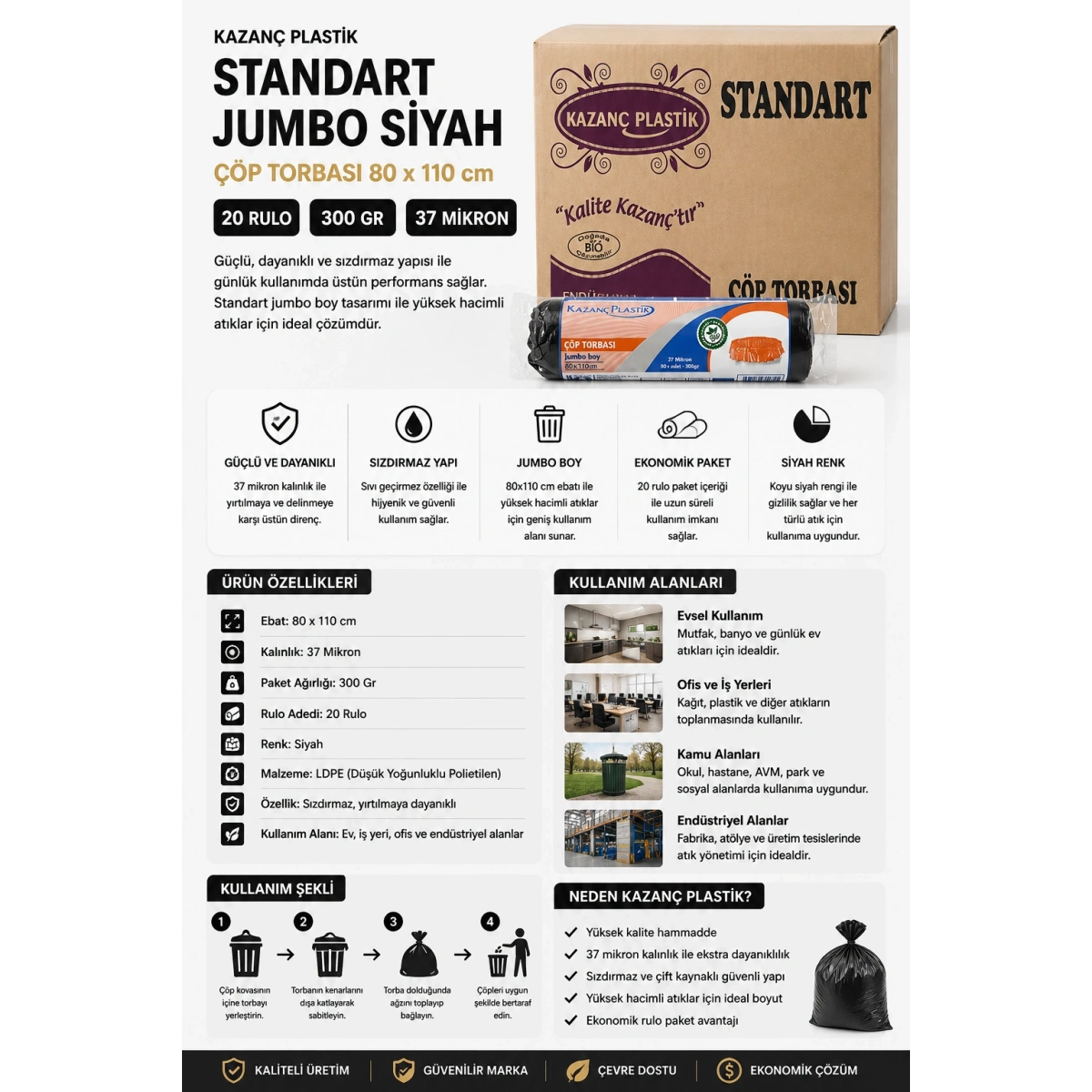 Kazanç Plastik 80x110 Standart Çöp Torbası .Jumbo Siyah 20 Rulo 300 Gr 37 Micron