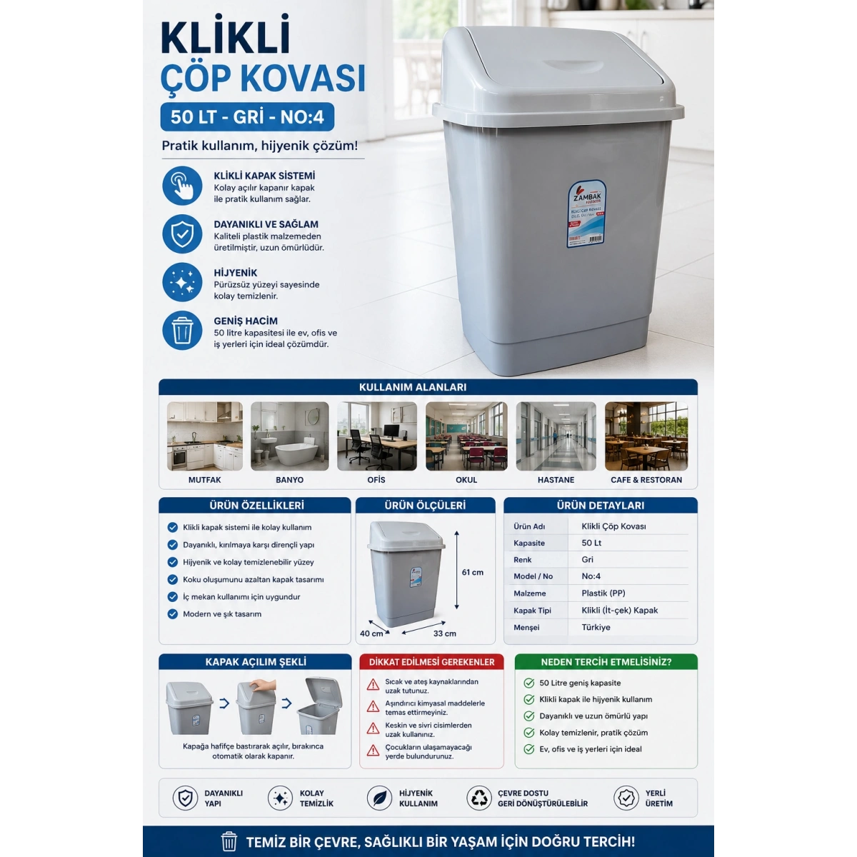 Klikli Çöp Kovası 50 Lt Gri No:4