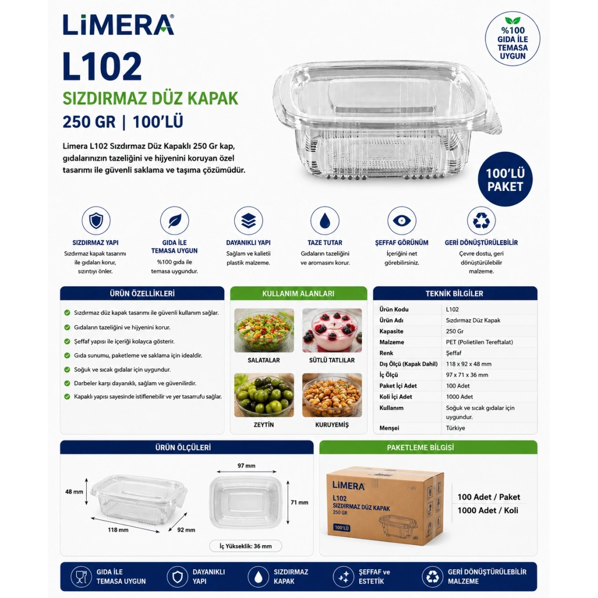 Limera L102 Sızdırmaz Düz Kapak 250 Gr 100lü