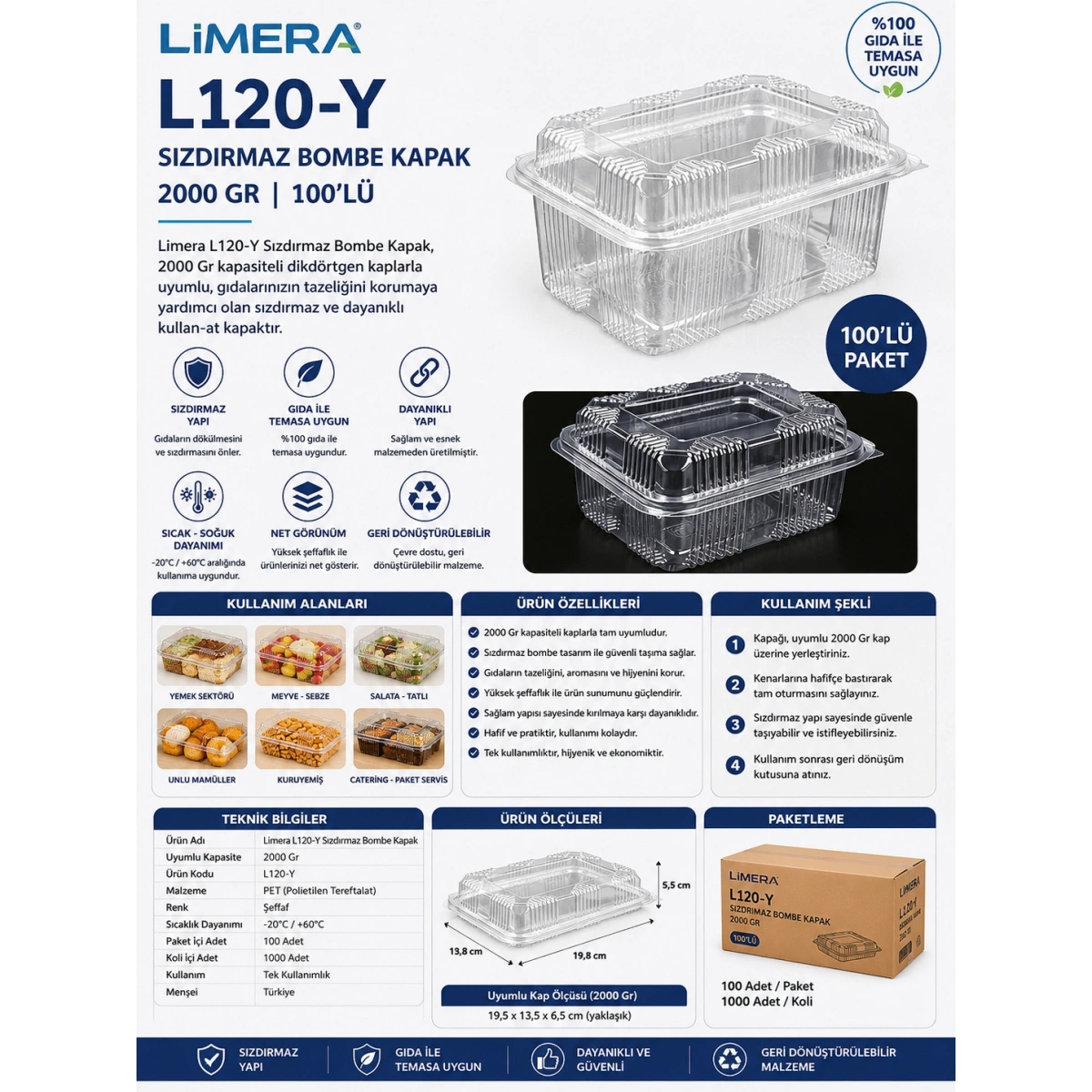 Limera L120-Y Sızdırmaz Bombe Kapak 2000 Gr 100lü