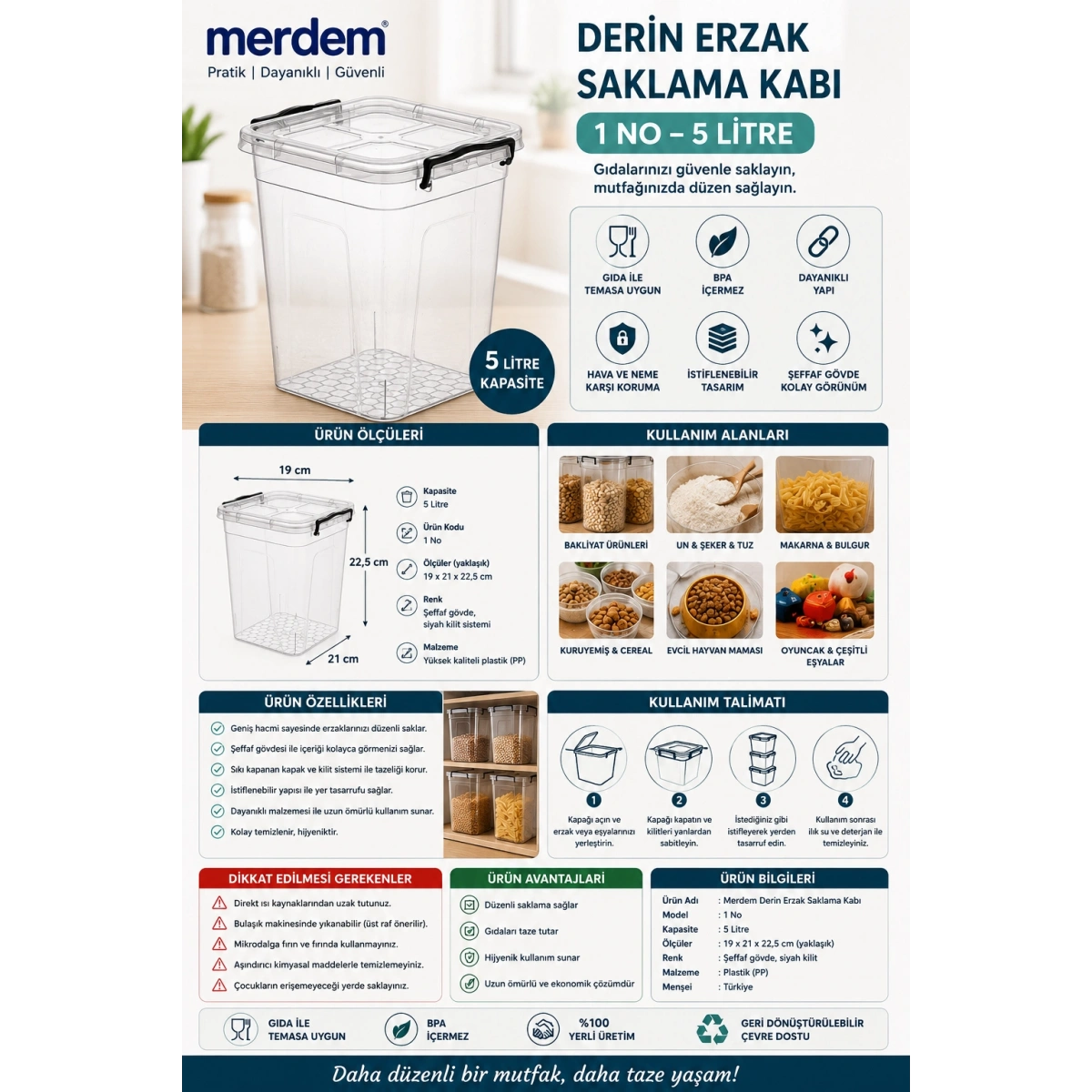 Merdem Derin Erzak Saklama Kabı 1 No 5 Lt (19x21x22,5 cm)