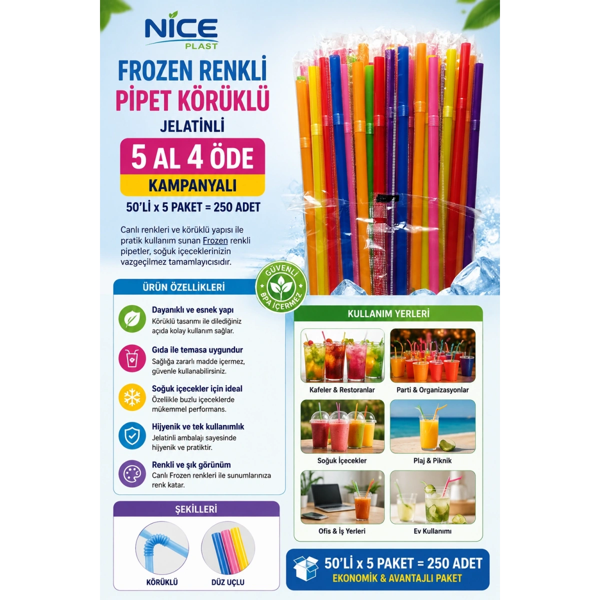 Nice Plast. Frozen Renkli Pipet Jelatinli Körüklü 50li 5 Al 4 Öde Kampanyalı (50 x 5 Paket= 250 Adet)