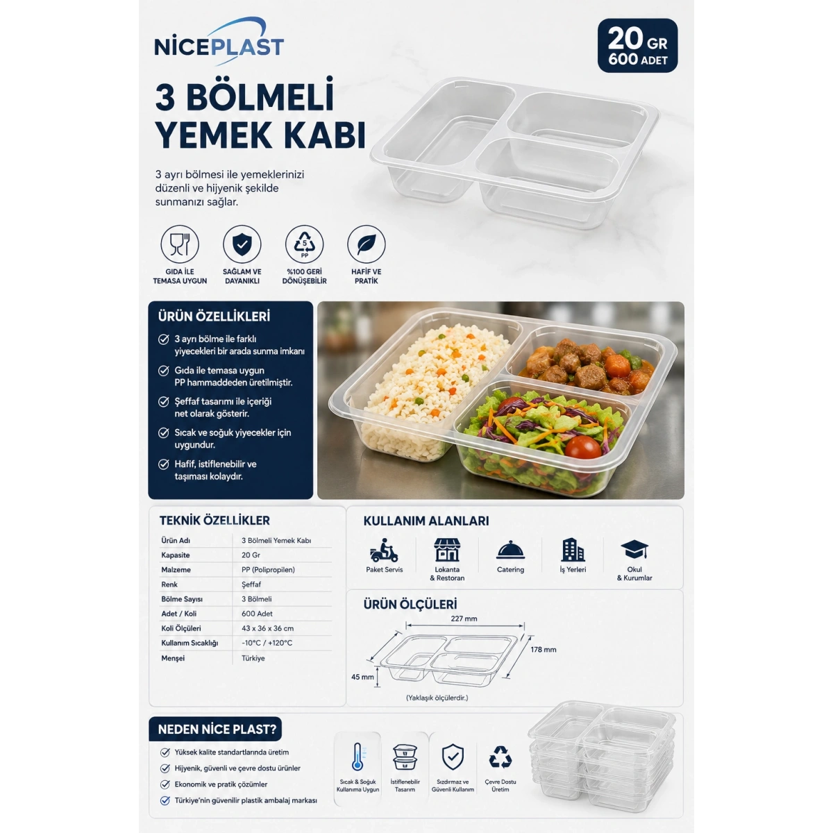 Nice Plast 3 Bölmeli Yemek Kabı Şeffaf PP 20 Gr 100 Adet