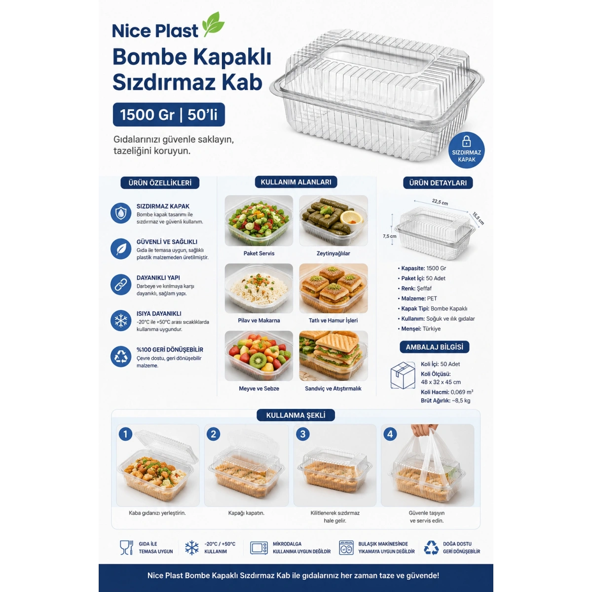 Nice Plast Bombe Kapaklı Sızdırmaz Kab 1500 Gr 50li
