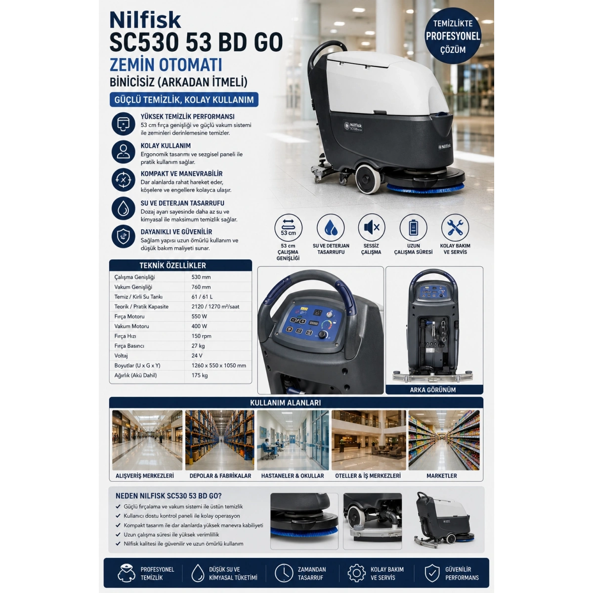 Nilfisk SC530 53 BD GO Zemin Otomatı Binicisiz (Arkadan İtmeli) Akülü Yer Temizleme Makinası
