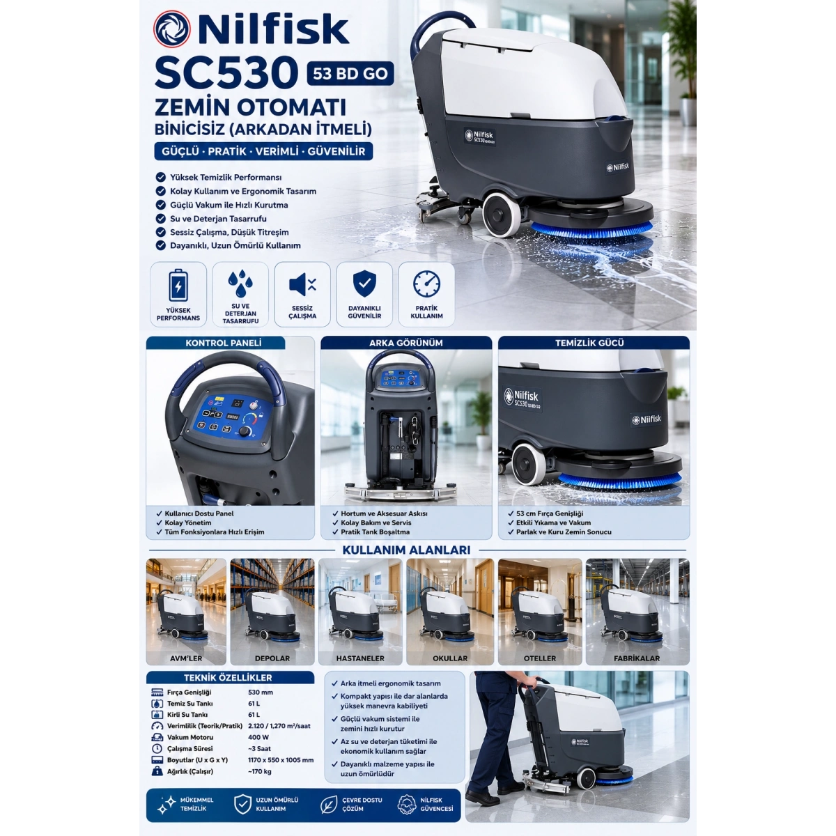 Nilfisk SC530 53 BD GO Zemin Otomatı Binicisiz (Arkadan İtmeli) Akülü Yer Temizleme Makinası