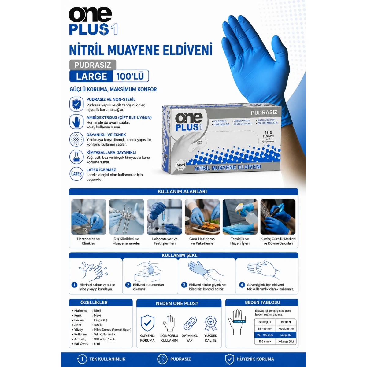 One Plus Nitril Eldiven Pudrasız Large Mavi 100lü