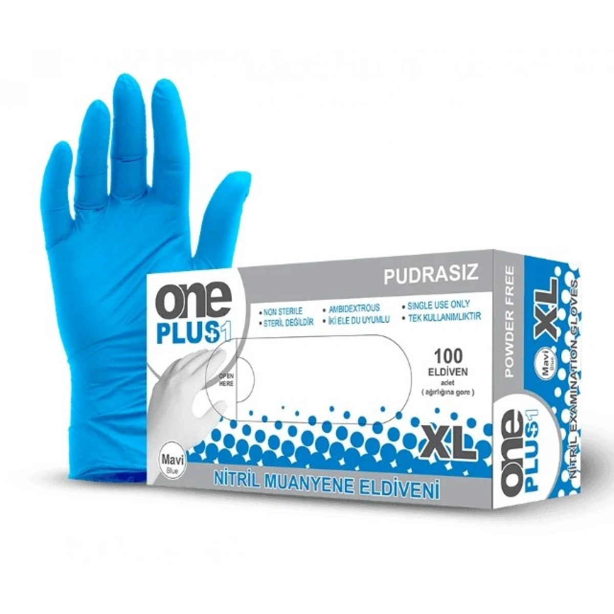 One Plus Nitril Eldiven Pudrasız Large Mavi 100lü