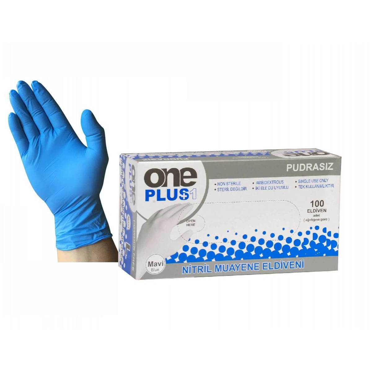 One Plus Nitril Eldiven Pudrasız Large Mavi 100lü