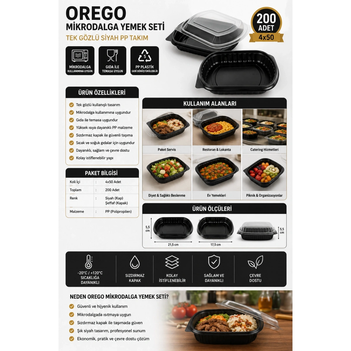 Orego Mikrodalga Yemek Seti Tek Gözlü Siyah PP Takım 4x50 200lü