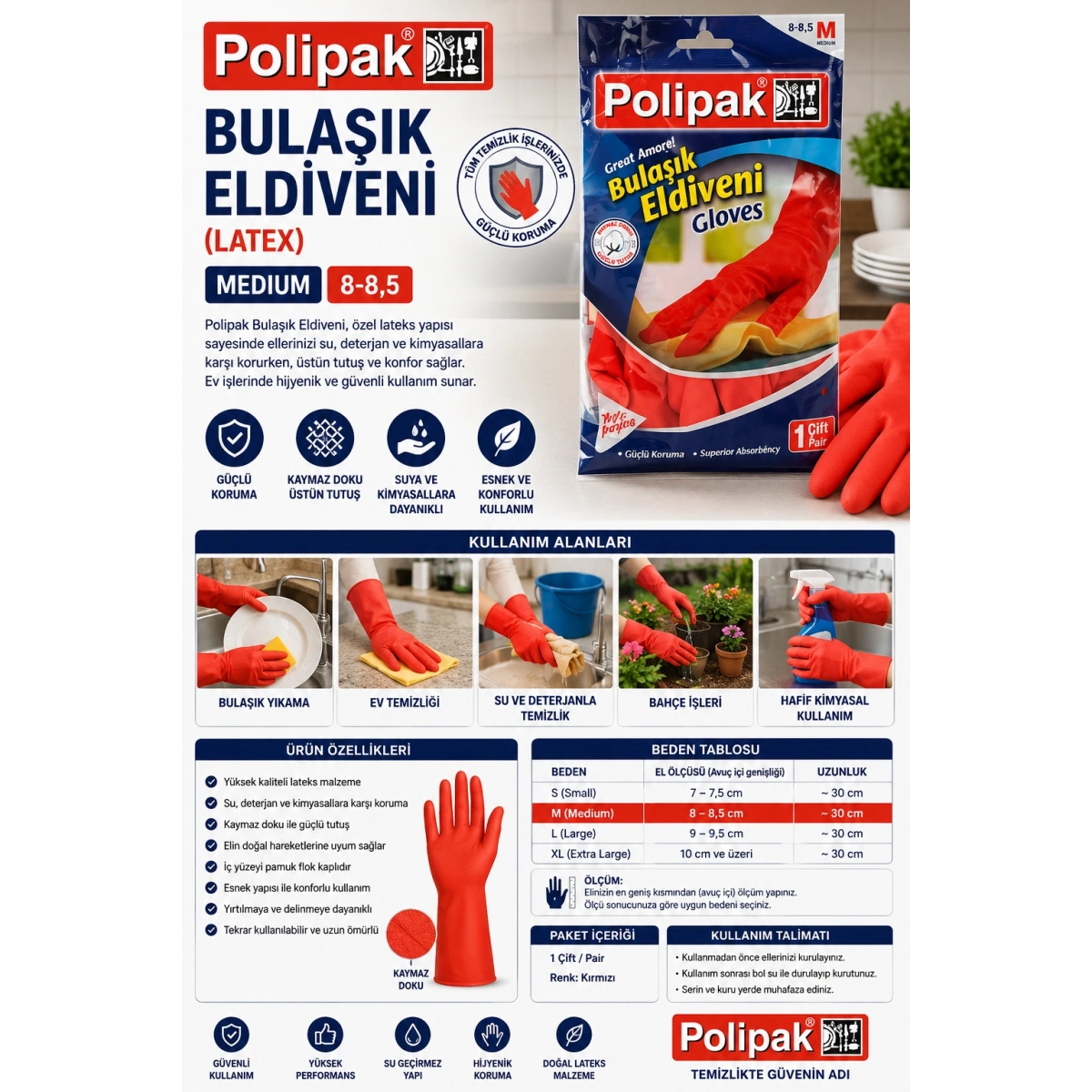 Polipak Bulaşık Eldiveni (Latex) Medium 8-8,5