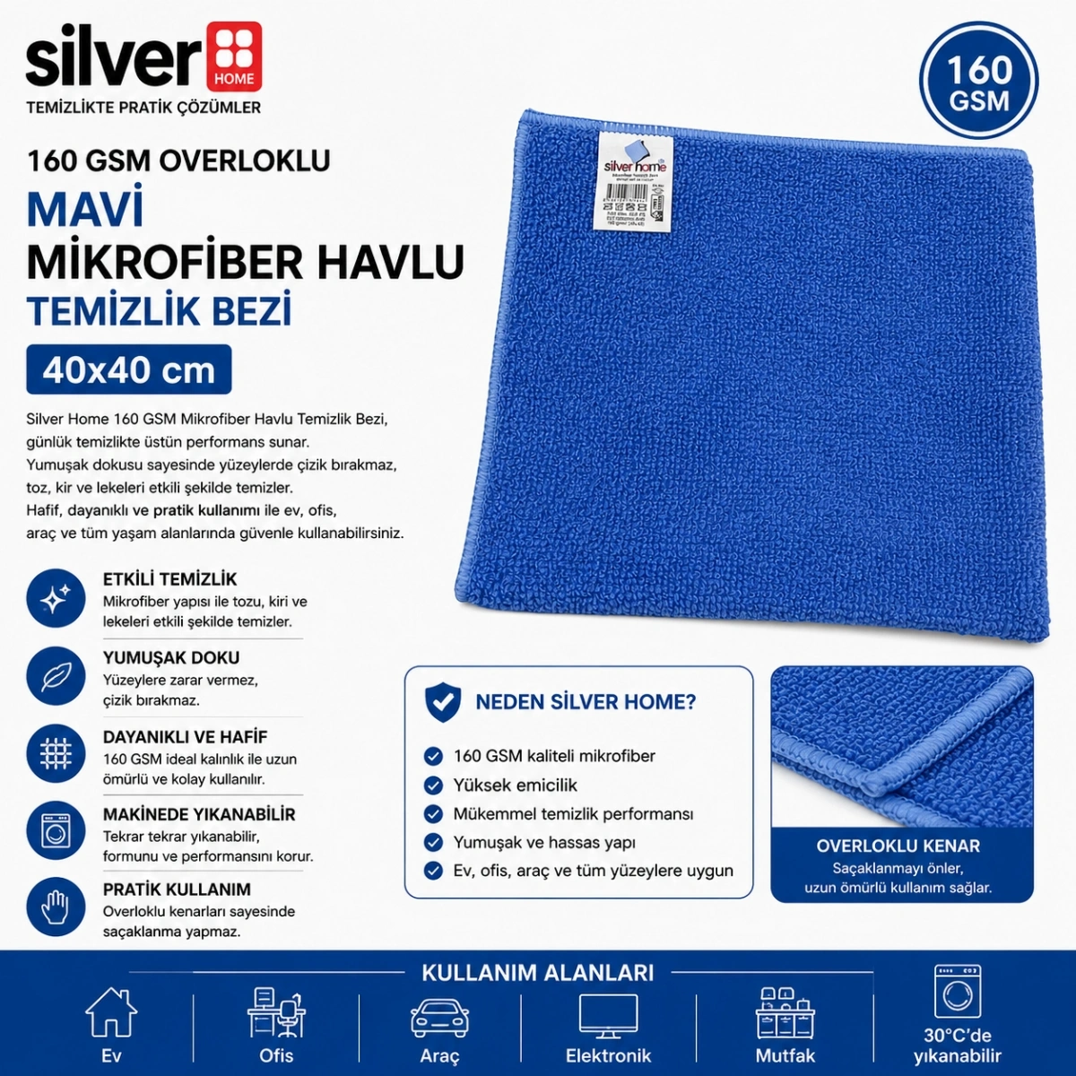 Silver Home 160 Gsm Overloklu Mavi Mikrofiber Havlu Temizlik Bezi 40x40 cm