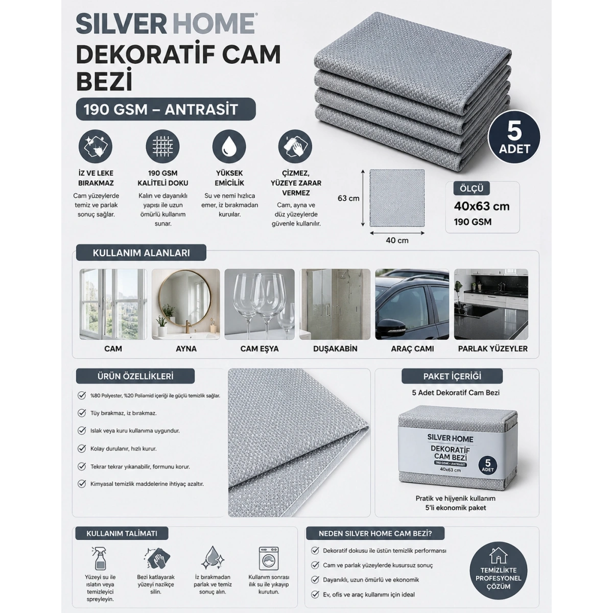 Silver Home 190 Gsm 40x63 cm Dekoratif Cam Bezi-Antrasit x 5 Adet