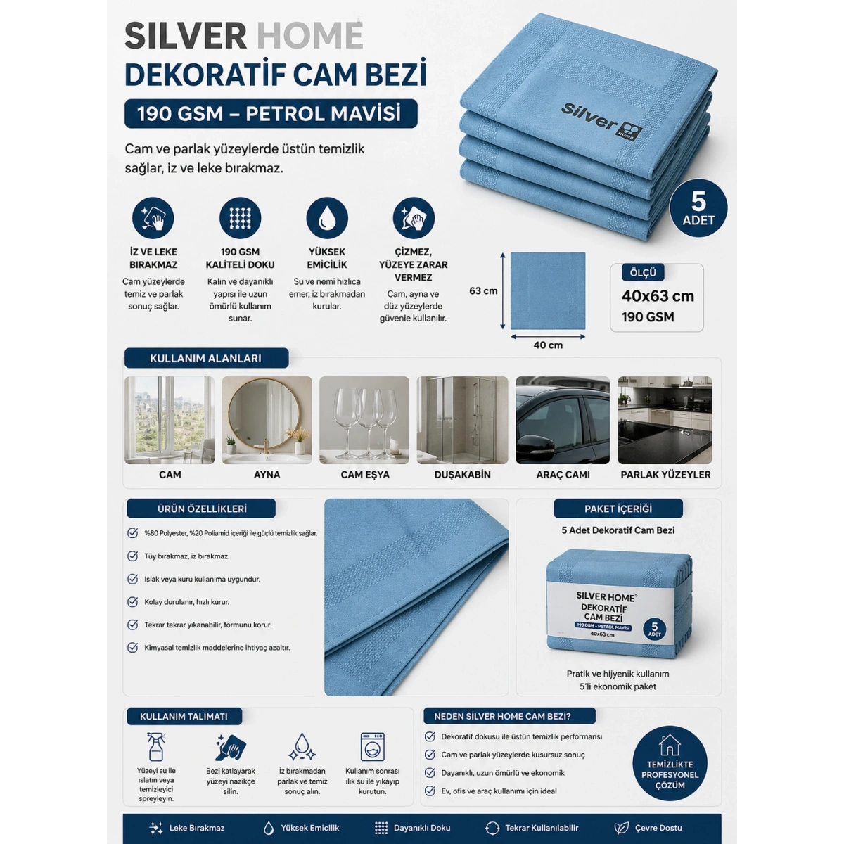 Silver Home 190 Gsm 40x63 cm Dekoratif Cam Bezi-Petrol Mavisi